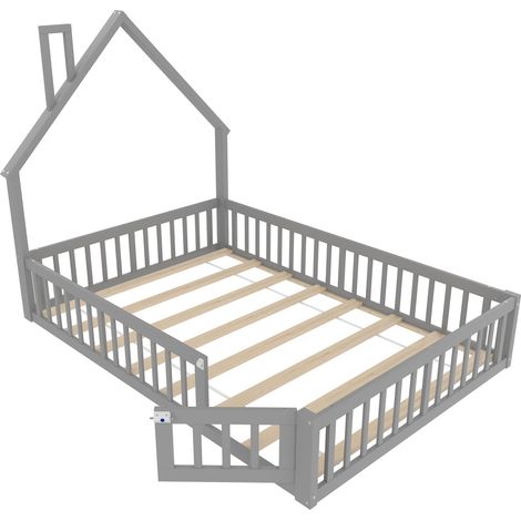 Hausbett 140 × 190 cm, 2 Plätze mit Sicherheitsgitter und Schornsteinform, ohne Matratze, Grau (1/5)