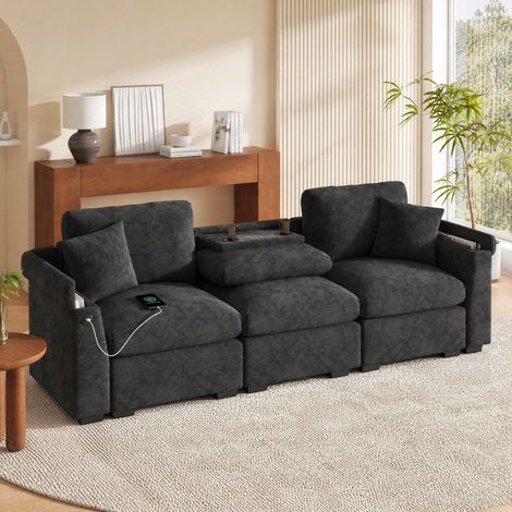Divano a 3 posti 242/80/88 cm in chenille grigio con tavolino ribaltabile, USB e contenitore (1/5)