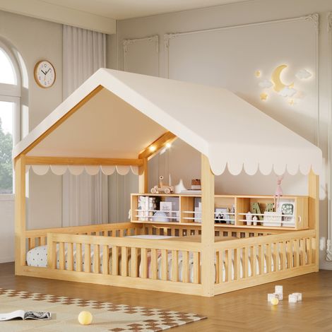 Lit cabine 140x200cm - maison + led + étagère + sécurité - bois - naturel (1/5)