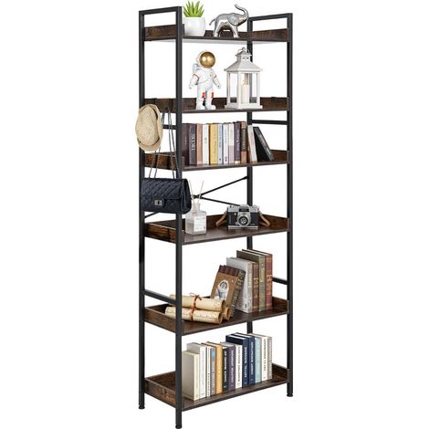 Étagère industrielle vintage en métal à 6 niveaux, ouverte pour livres, idéale salon, chambre, cuisine, bureau, marron rustique. (1/5)