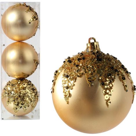 Juego de 3 adornos de plástico de 8 cm, color dorado con lentejuelas. (1/5)