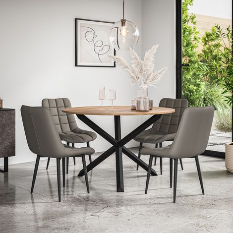 Malvern Round Dining Table And Chairs - Oak Table Top w Solid Black Oak Legs + Nova Faux Leather Dining Chair Set Of 4 (Grey) (1/5)