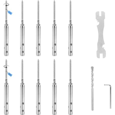T316 Stainless Steel Wire Rope Tensioner Heavy Duty Kit for 3mm Cable Installation Fencing Tension,Clothesline and Wires - 5 x Right and 5 x Left Threads (10 Pieces) (1/5)