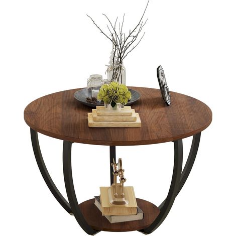 Table basse ronde, table basse ronde de 60 cm avec rangement, table basse à deux niveaux pour le salon, petite table basse, table basse pour canapé de bureau à domicile, noyer foncé (1/5)