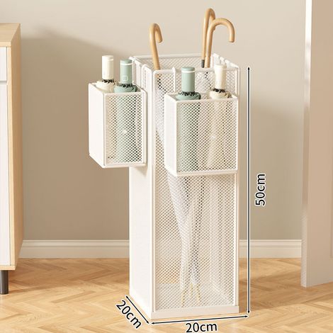 Porte parapluie grand modèle blanc avec 2 crochets paniers, rangement haute capacité pour maison et commerce, bac récupérateur d’eau (1/4)