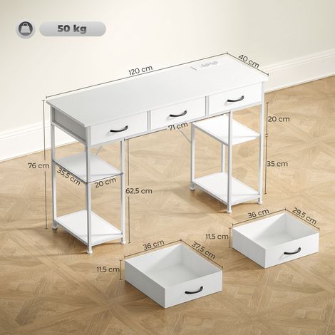 Bureau avec rangement avec prises de courant, 3 tiroirs en tissu et 4 étagères de rangement, 120 x 40 x 76 cm, blanc (1/5)