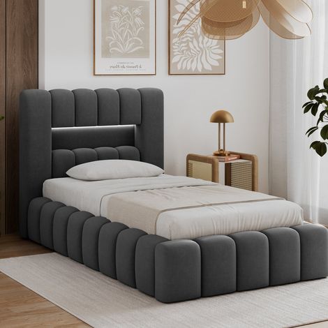 Cama con cajón de 90 x 200, con somier y luces LED incluidas, modelo Auria, gris oscuro (1/5)