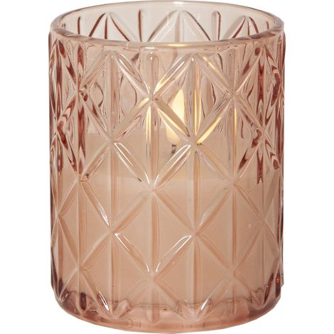 LED Kerze ,Flamme Romb', Windlicht, Batterie + Timer, flackernd, rosa Glas, H 12,5cm (1/4)