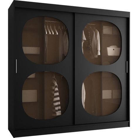 Armoire Hartford 531, Noir, 200x200x62cm, Portes d'armoire: Coulissantes, Nombre d'étagères: 9