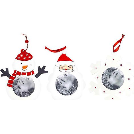 Lot de 3 cadres photo suspendus en bois, décorations de Noël (motif flocon de neige, Père Noël, bonhomme de neige) - Fournitures de fête-M