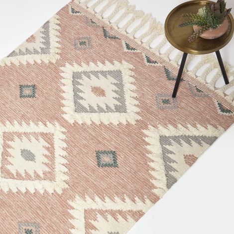 HOMESCAPES Handgewebter Kelim Teppich Pali – 120 x 170 cm, rosa-grau gemustert