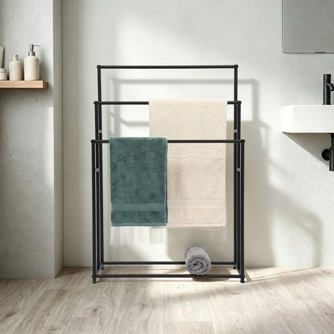 Porte-Serviettes autoportant sur Pied Support à 3 Niveaux en Métal Rangement Stable pour Serviettes de Bain et Accessoires Idéal à Côté de la Douche Baignoire ou Lavabo Noir (1/5)