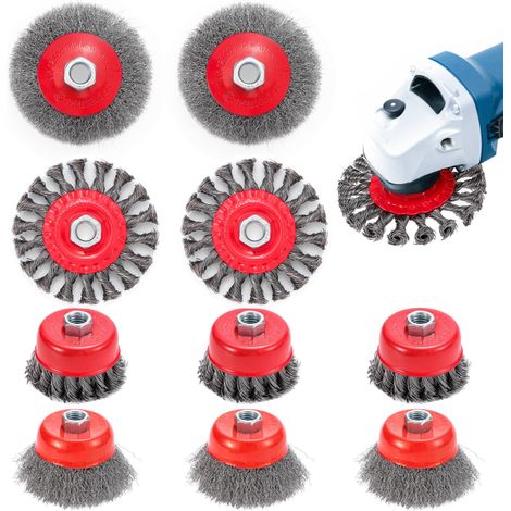 Lot de 10 brosses métalliques pour meuleuse d'angle, 75 mm et 100 mm avec filetage M14, brosse métallique pour le nettoyage, l'élimination de la rouille et le meulage (1/5)