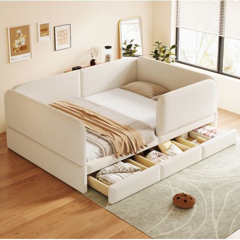 Kinderbett 140x200 cm aus beigefarbenem Samt mit Stauraum, platzsparend, ohne Matratze – MEUBLIV (1/5)
