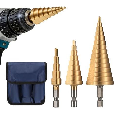 3 Pcs Foret Étagé HSS avec Poinçon de Centre Automatique, Meche Etage Triangle Conique Coupeur Trou Peu Cône Enduit pour Metal, Acier, Bois - 4mm-12/20/32mm (1/5)