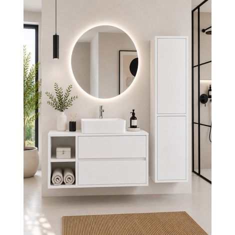 Meuble de salle de bain avec plan bois et vasque à poser ORIGENBATH ZEUS sans miroir 120x45 cm 1 vasque À gauche blanc avec colonne (1/5)