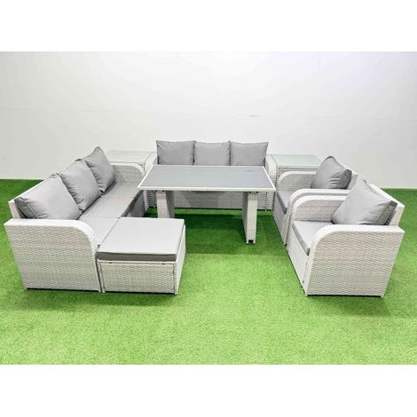 Fimous 9 Seater Wicker PE Rattan Furniture Outdoor Dining Table 3 Seater Sofa Reclining Chair Set with 2 Side Tables Big Stool Light Grey (1/4)