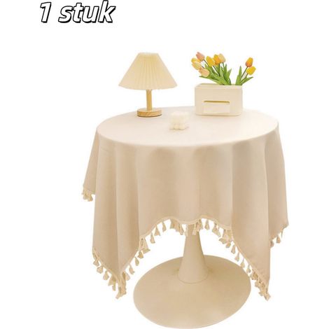 1 nappe carrée de style français en mélange de lin, 120 x 120 cm, bords frangés, idéale pour décorer la table de cuisine ou de salle à manger, blanc cassé (1/5)