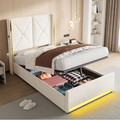 REDOM Cama con almacenaje 100x213x141 cm, cabecero alto con USB y LED, bolsillos laterales, terciopelo beige (1/5)