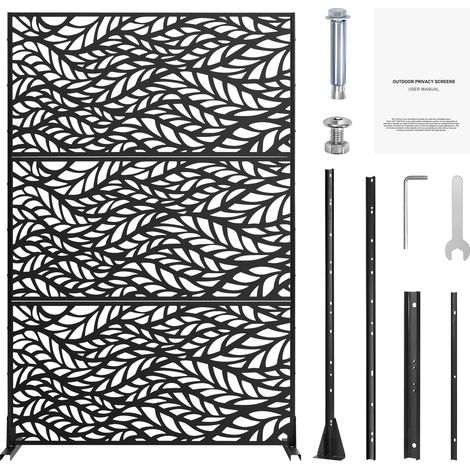 Mophorn Sichtschutz aus Metall, 119,4 cm B x 183,9 cm H, freistehende Trennwand für den Außenbereich mit Ständer, dekorativer 3-teiliger Sichtschutzzaun aus Stahl, Schwarz (1/5)