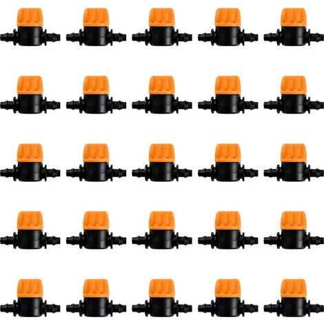 25 Pièces 4/7 Vanne D'irrigation, Mini Valves de Contrôle pour Tuyau d'arrosage 4/7mm, Valves d'arrêt Cannelées 1/4 Pouce Tuyau d'irrigation Goutte à Goutte, Mini Tuyau Vanne d'eau Travers (1/5)