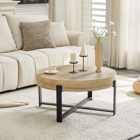 Couchtisch rund aus MDF in Holzoptik und Metall schwarz, Ø 68 cm