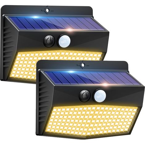 2 lampes solaires LED 368 avec détecteur de mouvement – Éclairage de clôture, 3 modes d'éclairage, IP65, pour terrasse, jardin, mur, clôture ou garage, lumière blanc chaud (1/5)