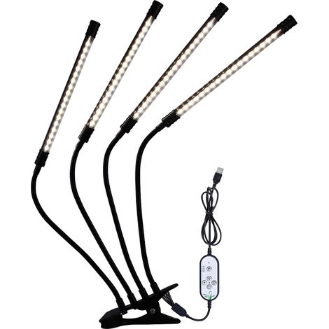 4-flammige LED-Pflanzenlampe, Vollspektrum-Weißlicht, 4/8/12-Stunden-Timer, 5 Helligkeitsstufen, Klemme, verstellbarer Schwanenhals