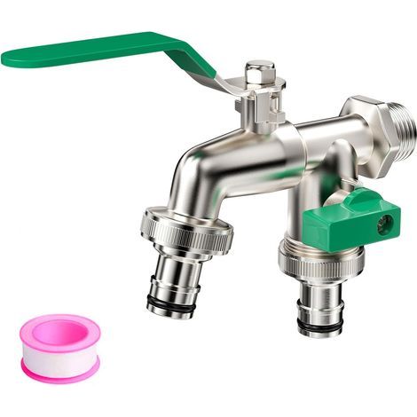 1/2"-Gartenarmatur mit zwei 3/4"-Kugelhahn-Ausgängen, Kugelhahnverteiler, tropffreie Armatur, Messing-Außenarmatur, für Garten und Waschmaschine (1/5)