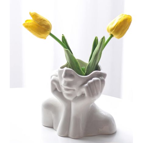 Vase en céramique pour décoration de Bureau, Forme féminine, décoration Moderne de Table de Ferme, Petit Vase Mignon pour bibliothèque (A - Mains sur Les Joues) (1/5)