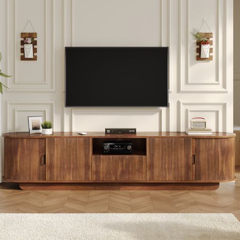 Meuble tv lowboard 200 x 40 x 50 cm pour salon avec portes coulissantes et tiroir style moderne structure vagues 3D en bois mdf - Noyer (1/5)