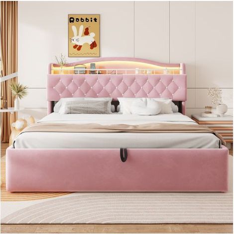 Lit Coffre 180x200 cm Velours Rose LED - Lit Rembourré - Tête de lit avec Rangements, Ports USB-C, Boutons en Cristal, Style Élégant