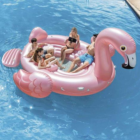 Trade Shop Traesio – Île gonflable flamant rose 422 x 373 x 185 cm – 4 places avec 4 porte-tasses – PVC renforcé – Plateforme d'embarquement amovible (1/5)