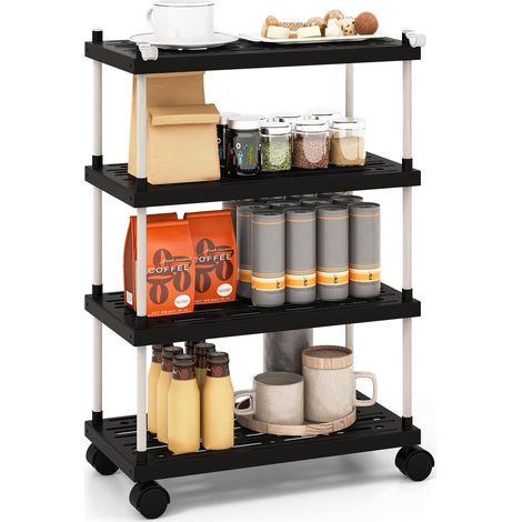 GOPLUS Étagère Etroite Roulant 4 Niveaux 40x21x59,5cm-Roues Verrouillables-Étagères Ouvertes/Crochets Latéraux pour Cuisine (1/5)
