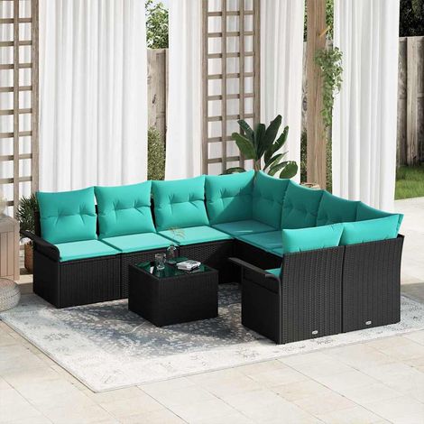 vidaXL Ensemble de canapé de jardin 9 pcs Noir et turquoise polyrotin (1/5)