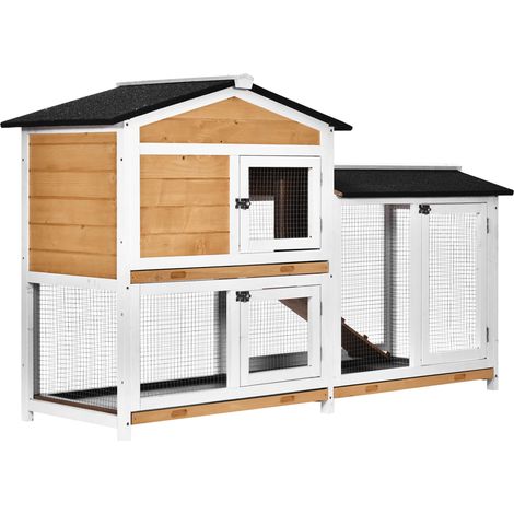 PawHut Rabbit Hutch Guinea Pig Hutch Wooden House with Run, 2 Tier Pet Cage Outdoor with No-leak Plastic Trays, 157.4 x 53 x 93.5cm, Yellow