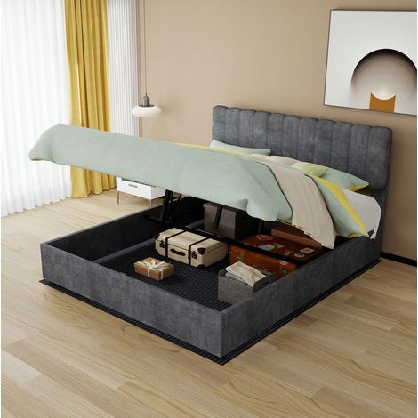 Lit coffre 160x200 cm en tissu gris avec rangement, gain de place, avec matelas – MEUBLIV (1/5)
