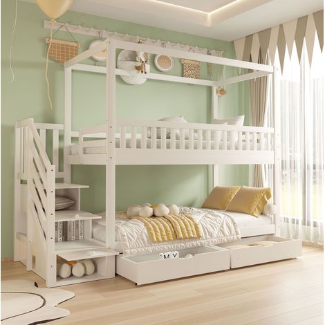 Etagenbett Massivholz Weiß 90x200 cm, Hausform, mit Sicherheitsleiter, Schubladen und Lattenrosten