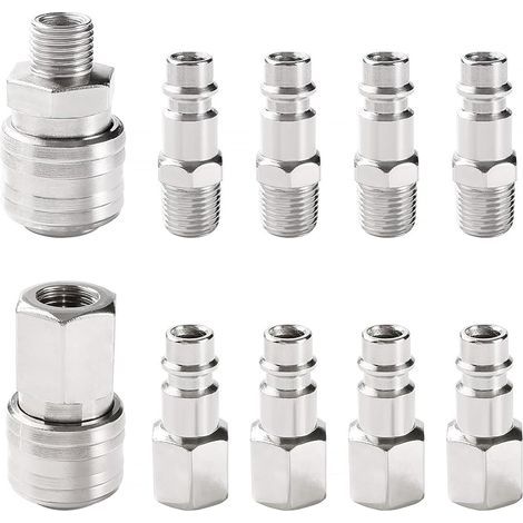 10 Pièces 1/4" BSP Coupleur Pneumatique d'air Kit, Raccord Rapide Pneumatique Européen, Compresseur Raccord d'Air, pour Tuyau Compresseur, Argent (1/5)