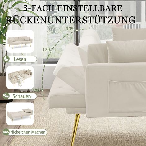 Canapé deux places moderne en velours, dossier réglable en 3 positions, 2 coussins inclus, pieds en métal robustes, doux et confortable pour salon, appartement en location, petit appartement, beige (1/5)