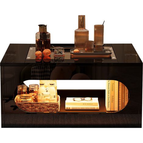Table basse carrée 70x70x35 cm, Table de salon LED avec plateau en verre trempé, Table basse noire avec rangement central (1/5)