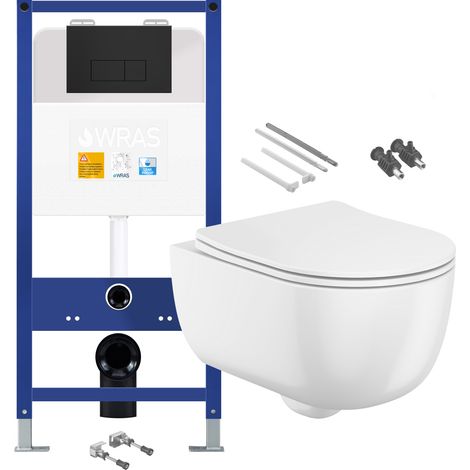 Gloss White Rimless Wall Hung Toilet with 1.10m Concealed Cistern Frame Set - Matt Black Plate (1/4)