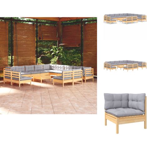Gartenmöbel-Sets - Living 14-tlg. Garten-Lounge-Set mit Grauen Kissen Massivholz Kiefer (1/5)