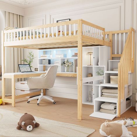Cama alta con escritorio y almacenaje LED blanca OKMYHOME (1/5)