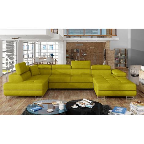 Canapé panoramique convertible ROMANO tissu - Rangement et appuie-têtes réglables à gauche-Jaune moutarde-Coffre à gauche (1/5)