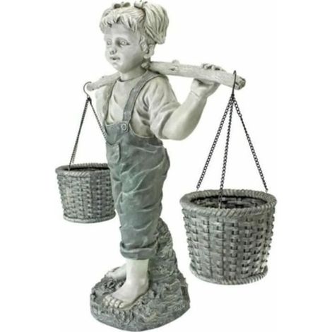 1 statue jardin enfant offrant des fleurs, finition pierre synthétique bicolore, sculpture extérieure décorative pour cour ou balcon
