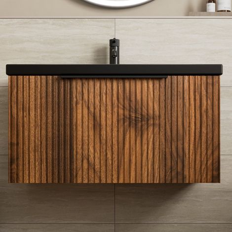 Fluted 800mm Bathroom Vanity Unit Basin Wall Hung Cupboard Soft Close Walnut (1/5)