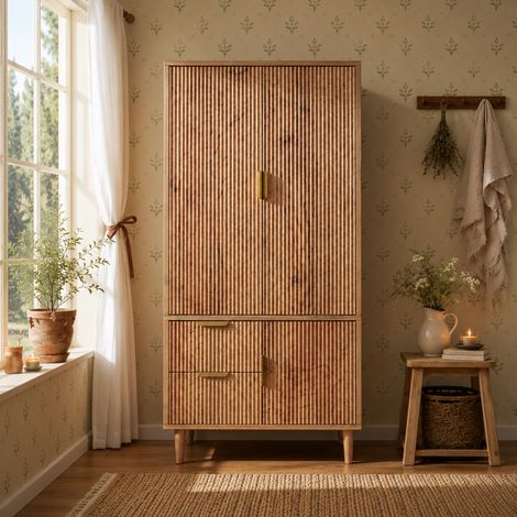 Armoire 3 portes 80x50x177 cm avec penderie, 2 tiroirs, façades rainurées 3D, poignées dorées, MDF effet chêne naturel (1/5)