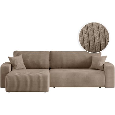 Loungitude – Canapé convertible d'angle réversible 5 places en velours côtelé – Coffre de rangement intégré – Fabrication européenne – Taupe (1/5)