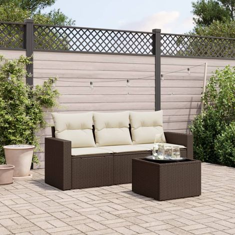 4-tlg. Garten-Sofagarnitur mit Kissen Braun Poly Rattan (1/3)